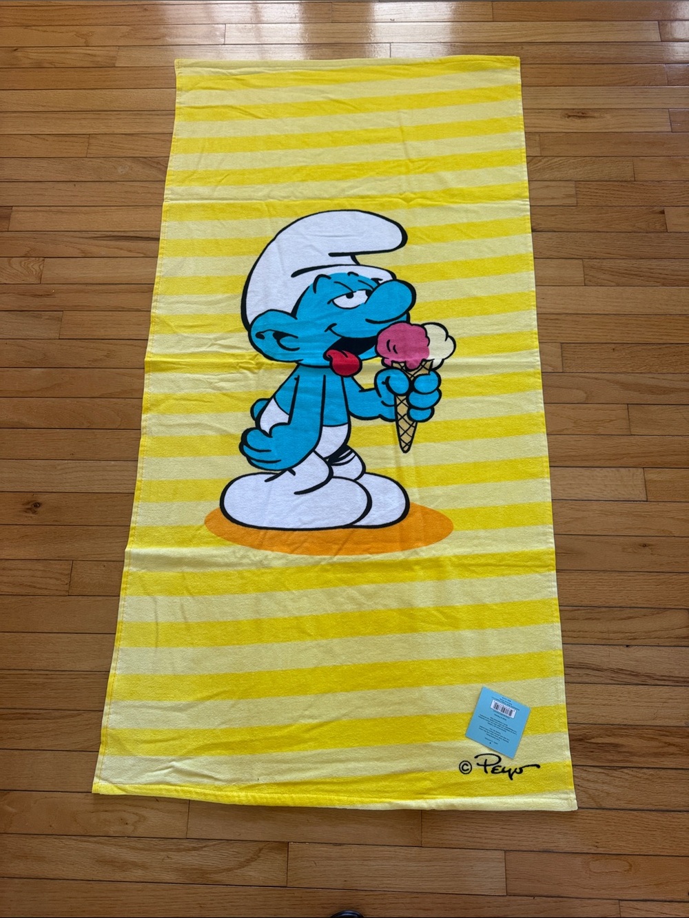 Smurf Yellow Striped Beach Towel with Ice Cream Graphic NWT